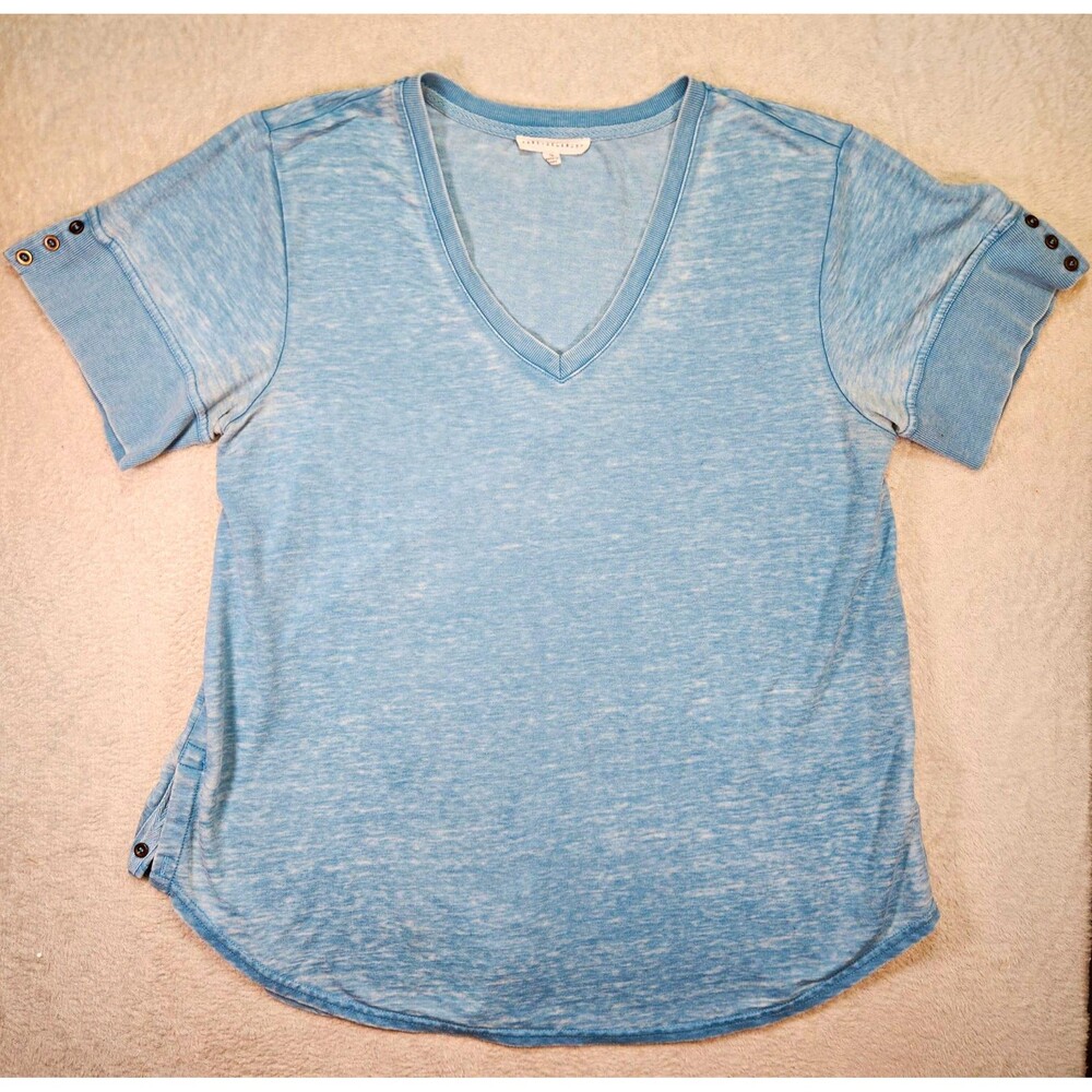 Jane + Delancey Women's 1X V-Neck Burnout Tee Short Sleeve Button Cuff Blue